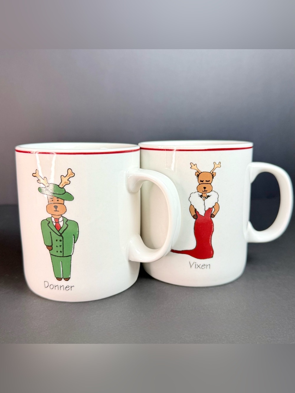 Vintage Santa's Reindeers Vixen/Donner Power Couple Christmas Mugs Set Of 2